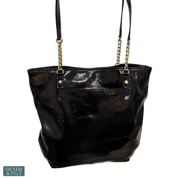 Michael Kors Black Patent Leather Tote Bag Gold Chain Shoulder Straps Large - Picture 5 of 13
